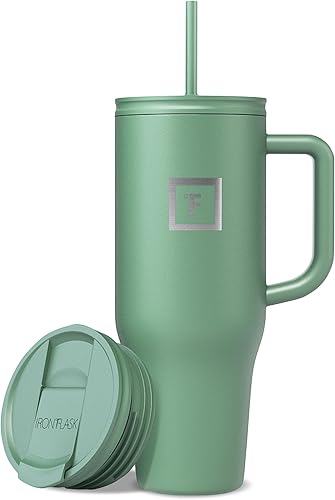 IRON FLASK Co-Pilot - Vaso aislado con popote y tapas abatibles, botella portavasos, para bebidas calientes y frías, a prueba de fugas, agua, taza