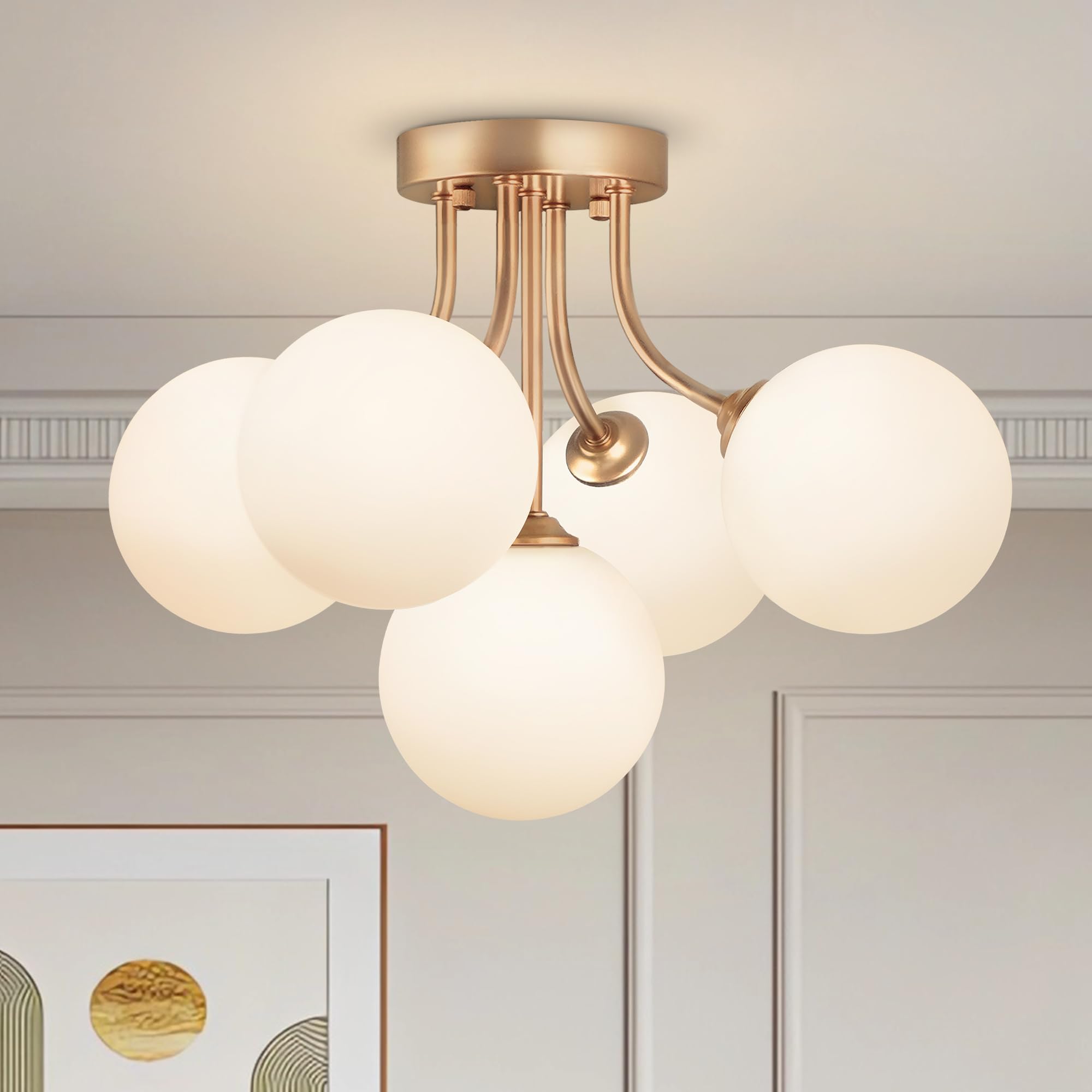 Photo 1 of Bubble Glass Chandelier Sputnik Flush Mount Ceiling Light 5-Light Gold Flush Mount Ceiling Light Ball Milk Glass Sputnik Chandelier for Hallway Kithcen Dining Room Foyer Entrance Cloakroom Bathroom