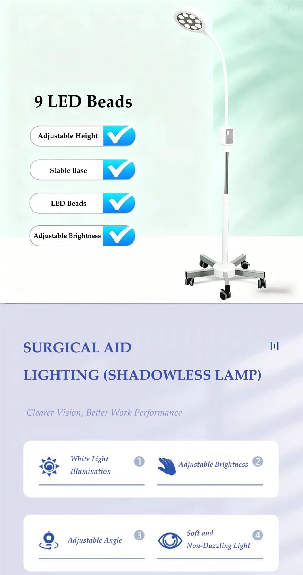 Generico Lampada da visita medica con supporto da pavimento, lampada da visita a collo di cigno, con 5 ruote universali mute in acciaio inossidabile for ginecologia, ambulatoriale, stomatologia