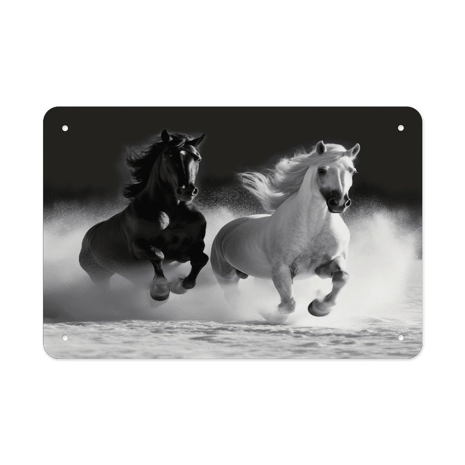 Black And White Horses Running Metal Tin Sign 12"x8" Wall Art Prints Poster Decorative Picture Metal Signboard Decor Painting Folded Edge Iron Sheet Painting with Holes for Wall Decor