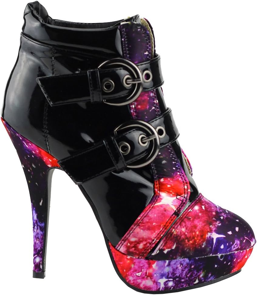 SHOW STORY Black Buckle Night Sky High Heel Stiletto Platform Ankle Boots,LF30301BK41,10US,Black