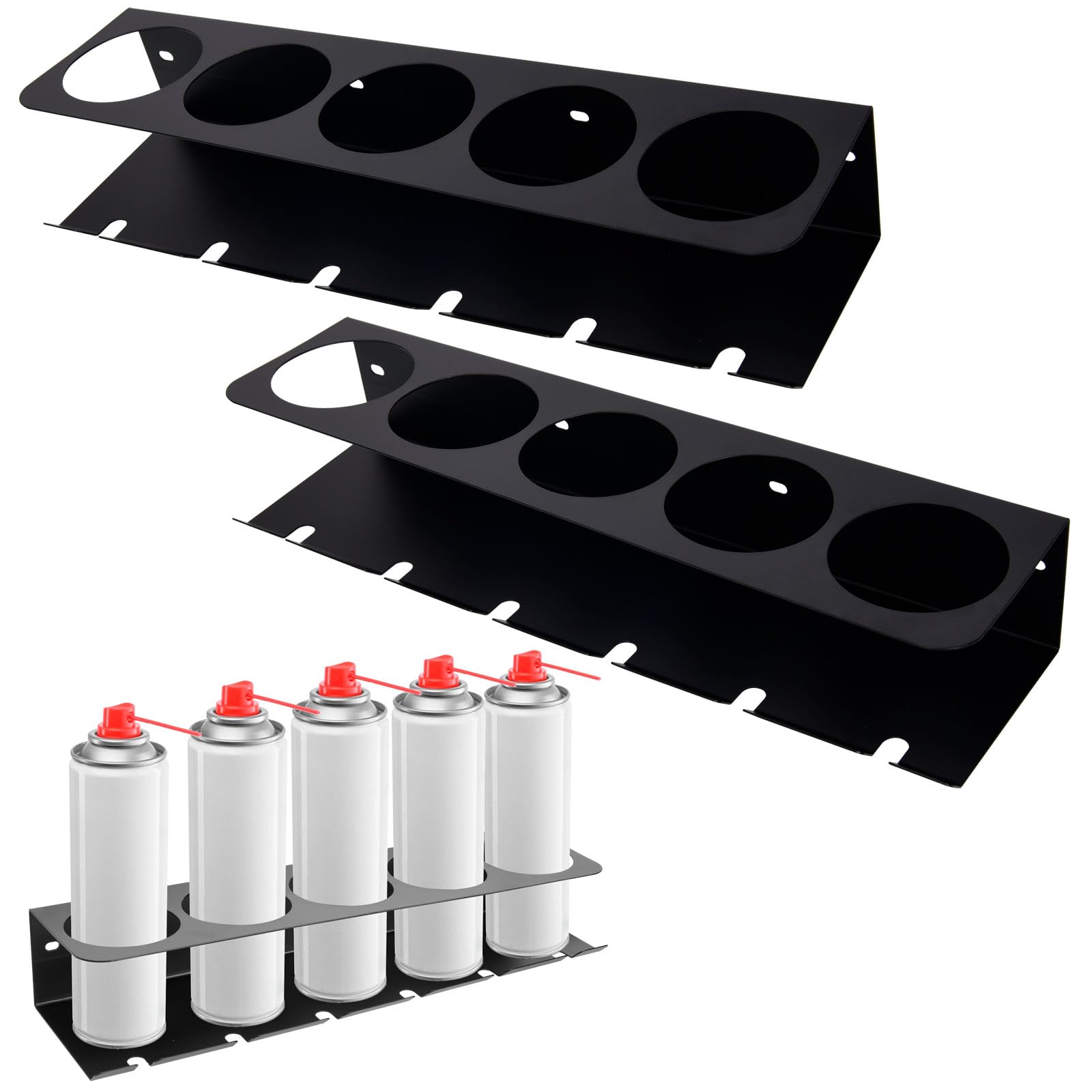 2 soportes para botellas de spray de pared, organizador de latas de aerosol con 5 agujeros y 6 ranuras, organizador de herramientas eléctricas con diseño de ahorro de espacio, estante de