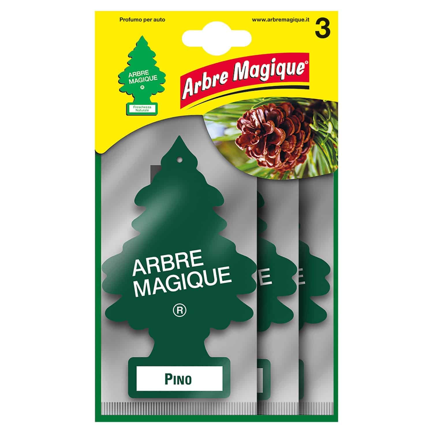 Arbre Magique, Profumatore Auto, Fragranza Pino, Profumazione Piacevole e Rinfrescante, Durata fino a 7 Settimane, Made in Italy, Formato Multipack da 3 Pezzi