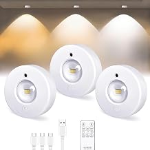 3 PCS Puck Lights - Under Cabinet Kitchen Lights with Remote, Round Stick-on Rechargeable Wireless Dimmer& Timer Puck Light, Closet Lights for Display Shelf Cupboard Hallway Closet Bedroom