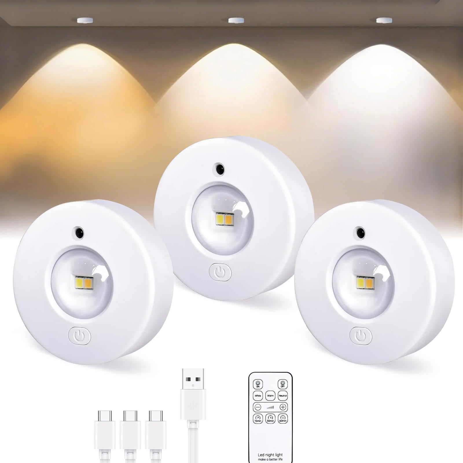 ICHOWHO 3 PCS Puck Lights - Under Cabinet Kitchen Lights with Remote, Round Stick-on Rechargeable Wireless Dimmer& Timer Puck Light, Closet Lights for Display Shelf Cupboard Hallway Closet Bedroom