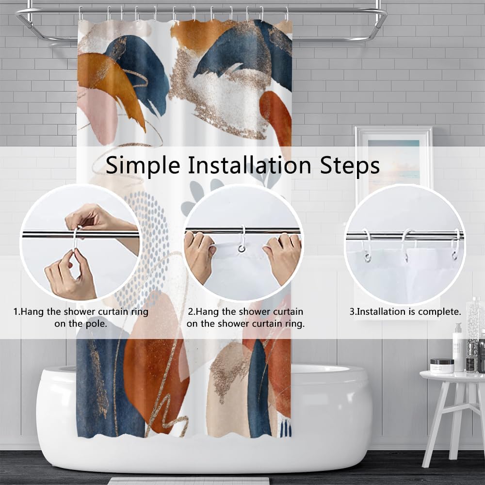 Abstract Boho Style Shower Curtains Navy Blue Gold Modern Bath Curtain Geometric Leaves Plant Mid Century Minimalist Bathroom Curtain Decor Set with Hooks, 72x96 Inch