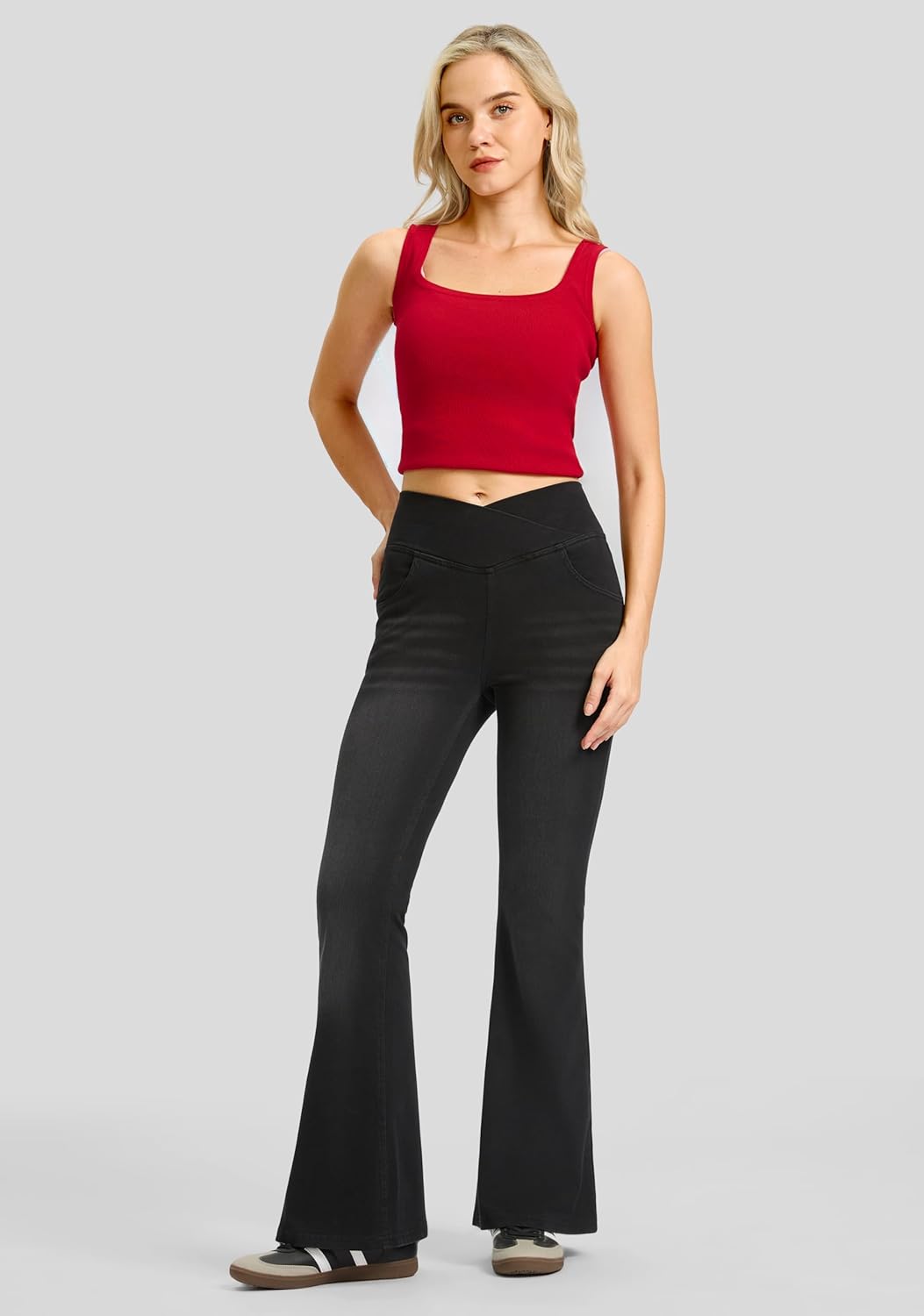 Rammus Flare Jeans for Women Crossover High Waisted Bell Bottom Jeans Trendy Yoga Pants Stretchy Flare Leggings with Pockets - Image 6