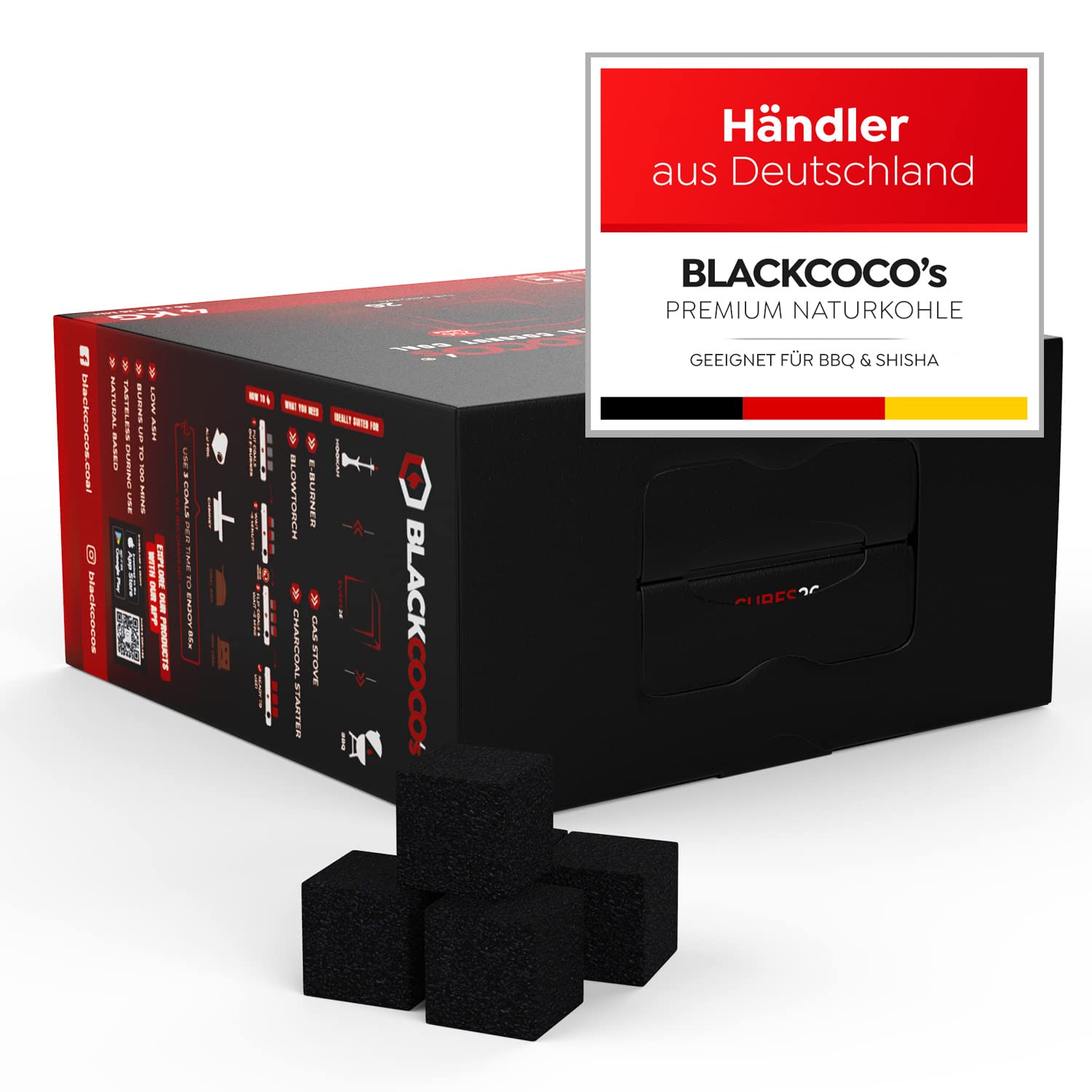 BLACKCOCO's 4 KG Premium Shisha Coal Natural Charcoal Coconut and BBQ Bricchetti di cocco di alta qualità per narghilè e barbecue Shisha Cube Coals & Barbecue Charcoal con lungo tempo di combustione