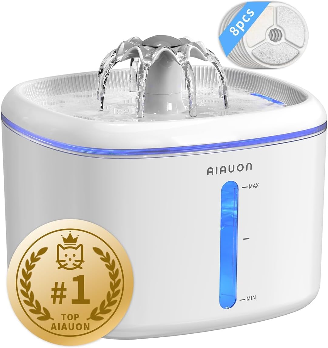Cat Water Fountain,84oz/2.5L Pet Cat Fountain – Ultra Quiet Upgraded Automatic Pet Water Dispenser with 8 Replaceable Filters, Indoor Cat & Dog Drinking Bowl (Cat Fountain+8 Filters)