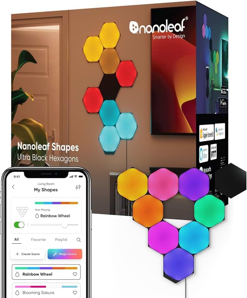 Nanoleaf Shapes LED Wall Lights, RGBW Smart Wall Panels with 16M+ Color, Compatible with Alexa &amp; Google Assistant, Music Sync, DIY Gaming Light for Home Decor (Black Hexagons Smarter Kit 9 Pack)