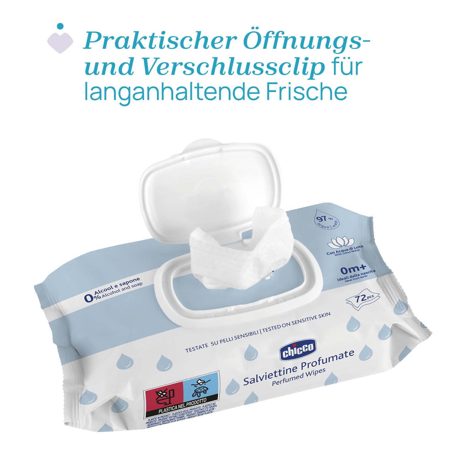 Chicco Neugeborenen-Baby-Mehrzweck-Reinigungstücher mit Plaquette, alkoholfrei, parfümiert, für empfindliche Haut geeignet, Multipack mit 864 Tüchern, 12 Packungen mit 72 Tüchern