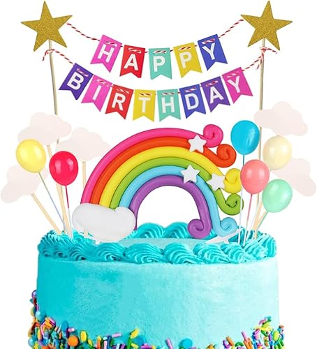Xihuimay Juego de 15 piezas de decoración de pastel de cumpleaños, decoración hecha a mano para cupcakes, incluye coloridas nubes de arco iris,