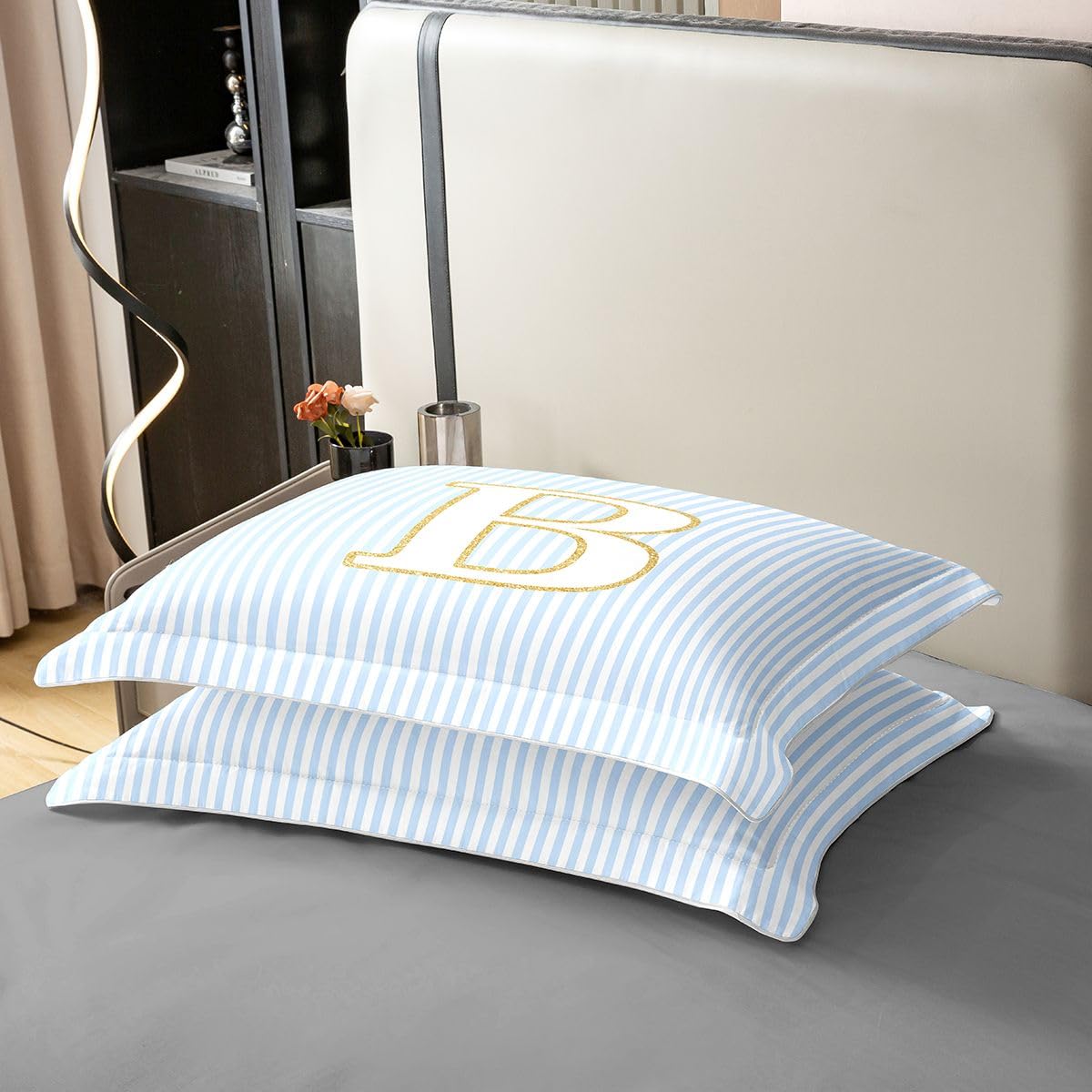 Homewish Nowoczesny monogram B King pościel dla dzieci nastolatków dorosłych bawełna poszewka na kołdrę zestaw niebieski biały abstrakcyjny w paski poszewka na kołdrę modne paski litera początkowe