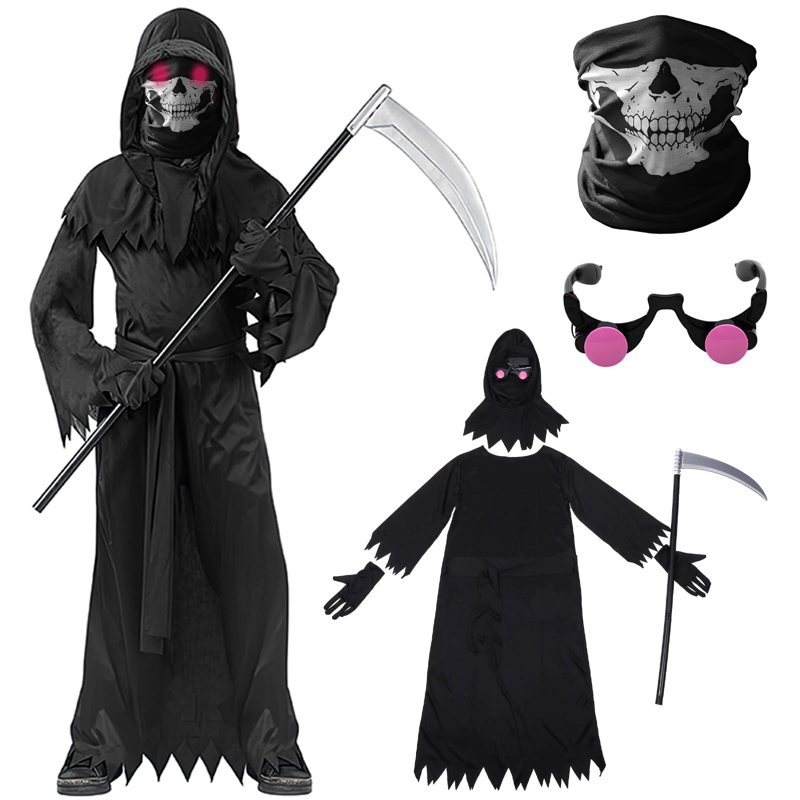 Mprocen Grim Reaper Costume Kids, Child Halloween Costume Grim Reaper Costumes Glasses Mask Scythe Glove Child Scary Ghost Robe Cosplay Party Dress Up