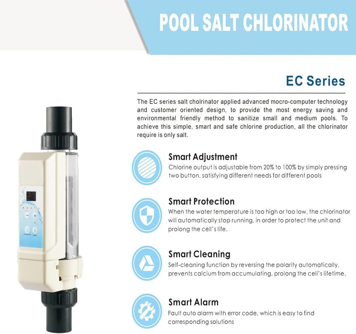 Clorador de piscina de agua salada, 8/12/16/20g/h, sistema generador de cloro salado electrolítico, dispositivo de clorador de agua salada SPA, generador de cloro de agua salada para piscina