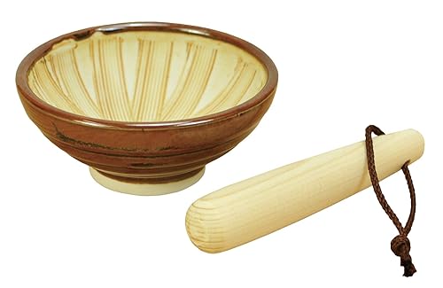 Juego de mortero y mortero (Suribachi y Surikogi) Hecho en Japón (pequeño, marrón)