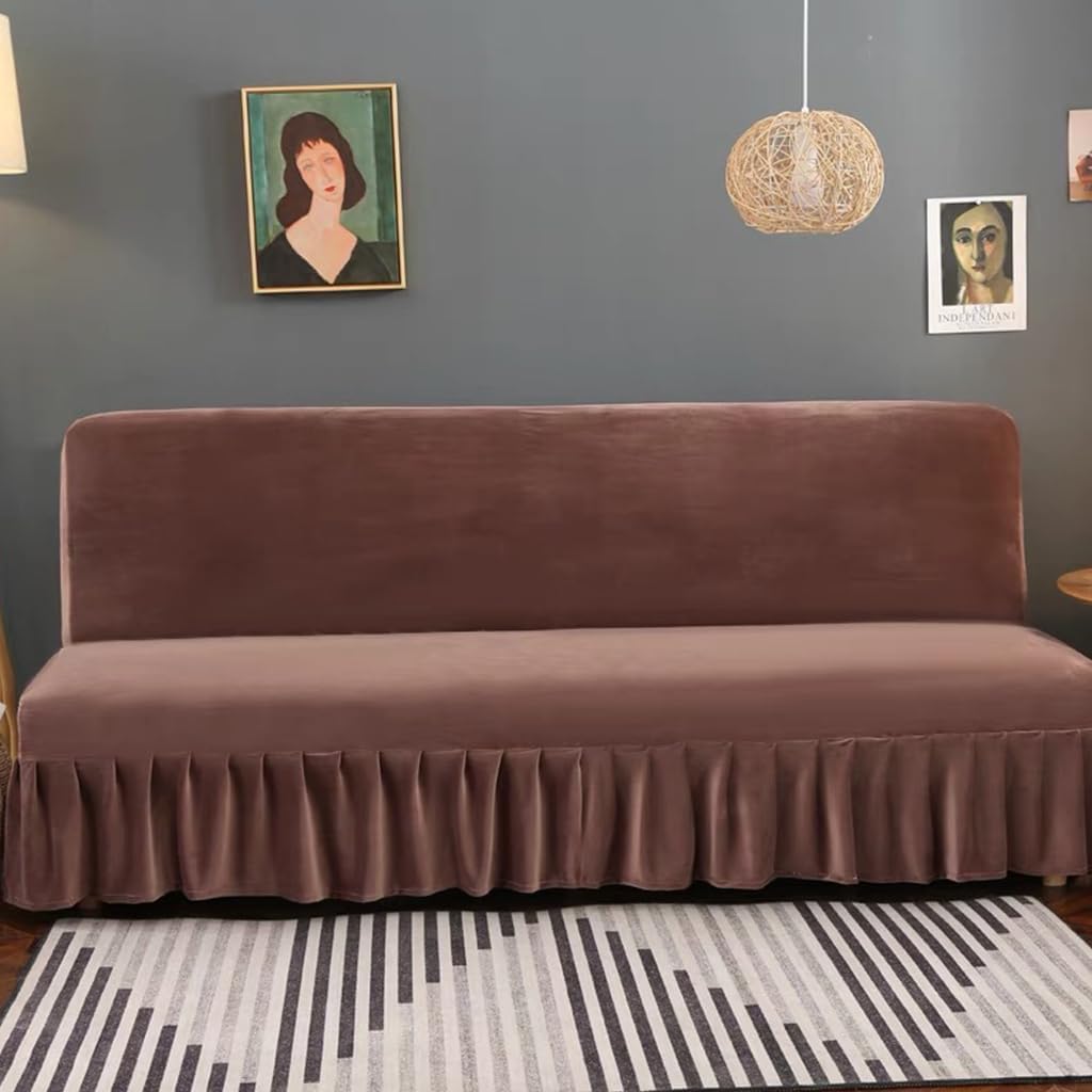 Velvet Sofa Bed Cover Futon Slipcover Solid Color Full Folding Elastic Armless for Patio Couch Bench (Camel-with Skirt Ruffled, Large(63"-71"))