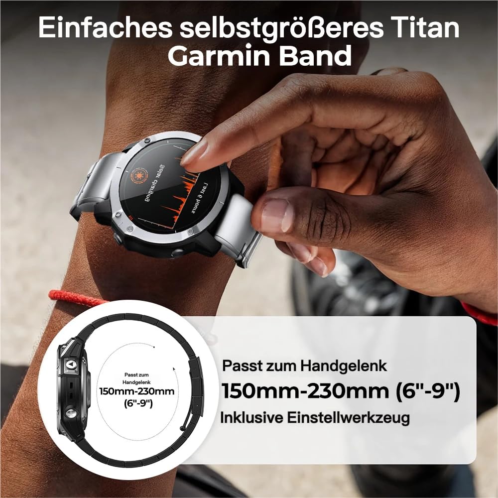 22mm 26mm Titan Metallarmband für Garmin/Fenix/Instinct/Forerunner | QuickFit,40% Leichter als Edelstahl,Hypoallergen,Handgelenkumfänge von 15,5 cm bis 22,6 cm,für Laufen und Outdoor-Sportarten