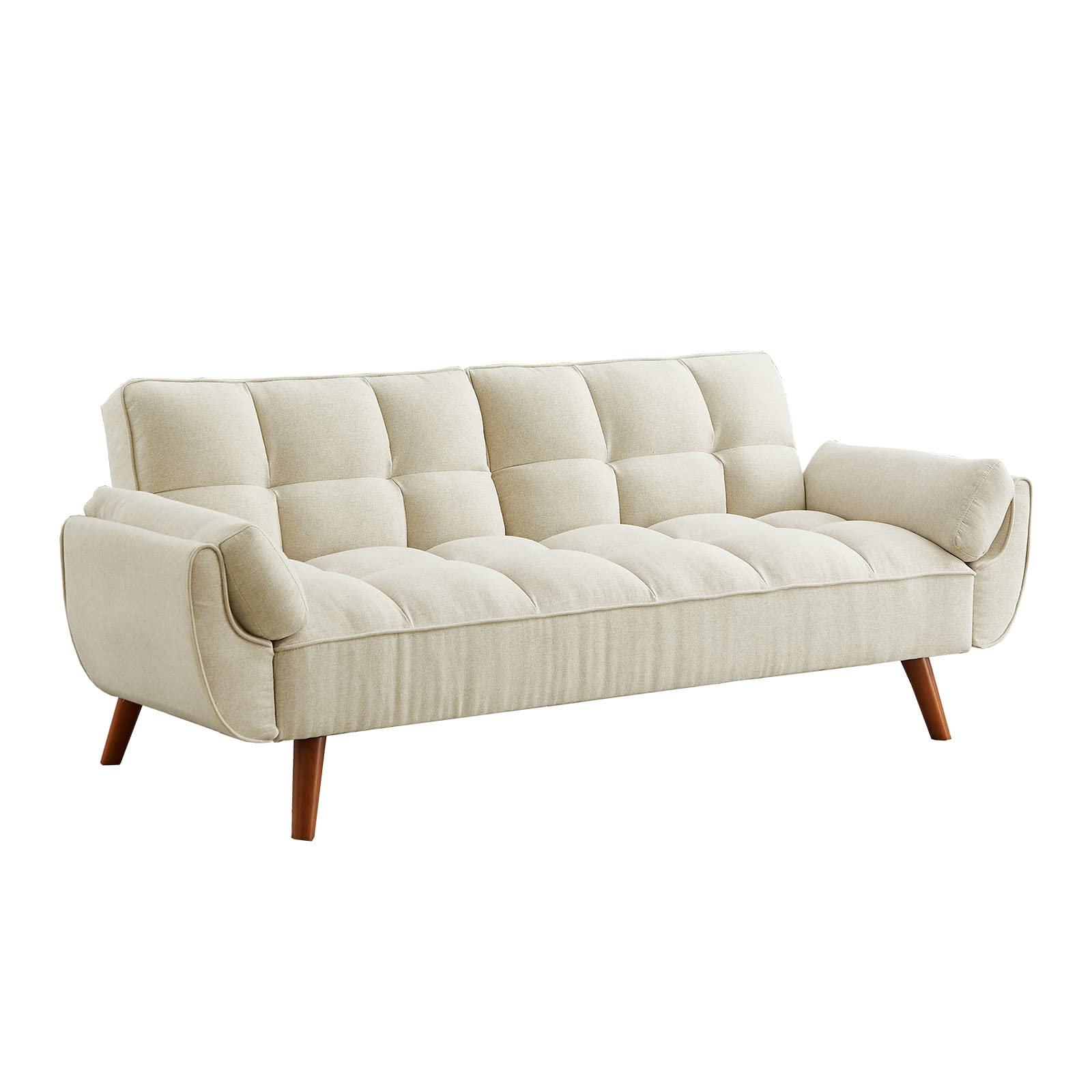 Homies Life Solid Wood Feet Futon Couch Tufted Convertible Sleeper Sofa Bed Solid Wood Legs Adjustable Backrest Living Room Hemp Sponge S-Shaped Spring Eucalyptus Frame (Beige)