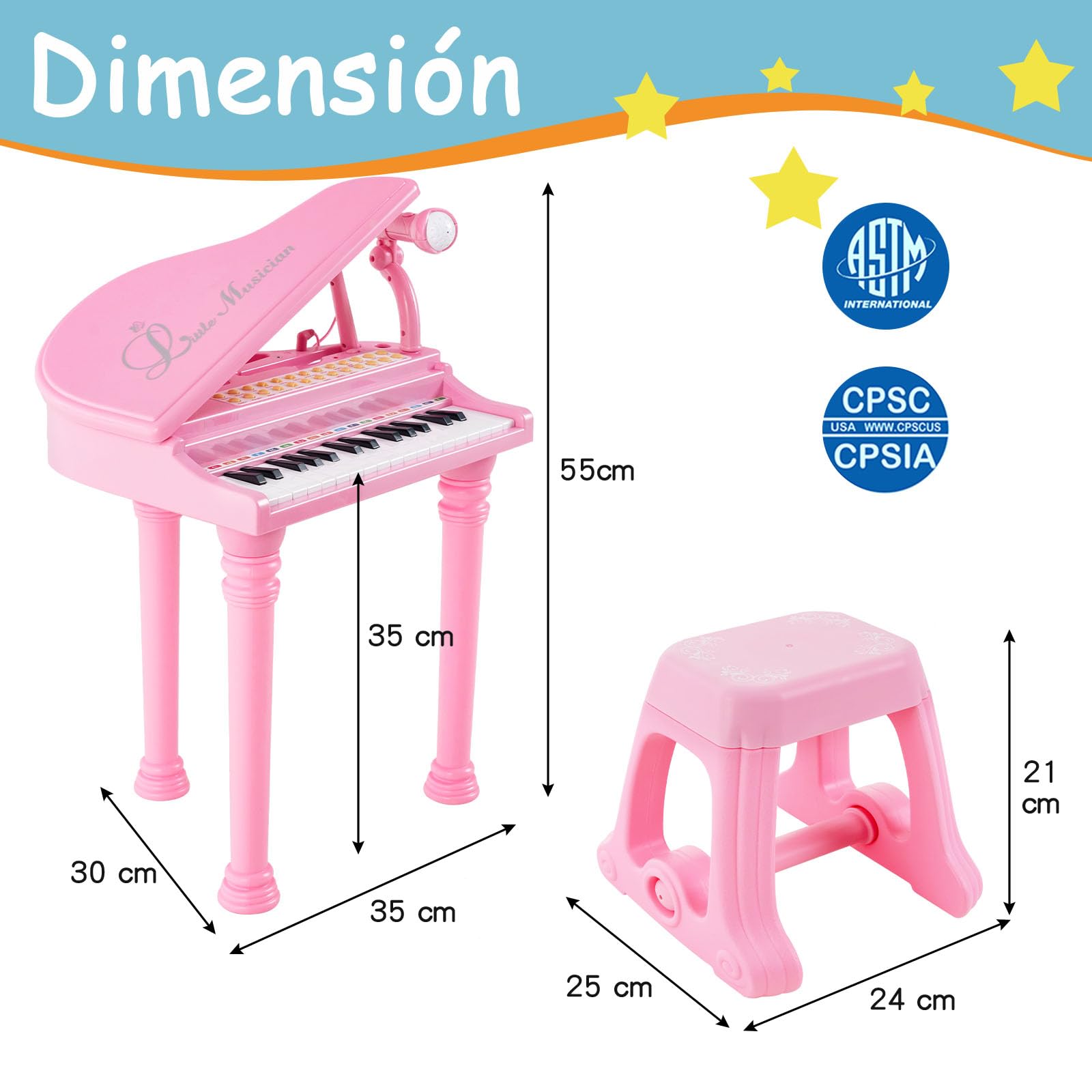 SOARS Piano pour Enfants 31 Touches, Clavier pour Enfant Électronique avec Microphone et Tabouret, Jouet Musical avec 3 Modes d'Enseignement et Fonction d'apprentissage Guidé par la Lumière, Rose