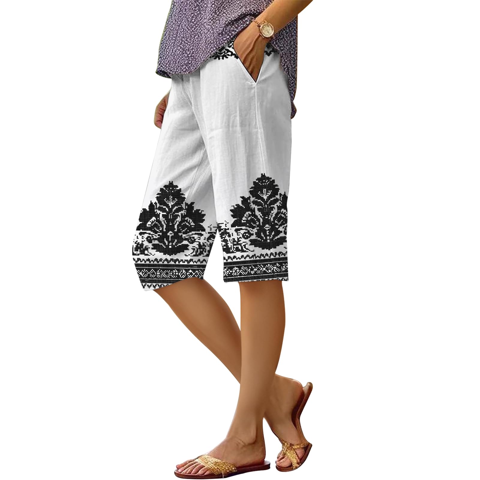 Womens Summer Casual Beach Bermuda Shorts Boho Striped Pant Loose Knee Length Wide Leg Athletic Pants with Pockets