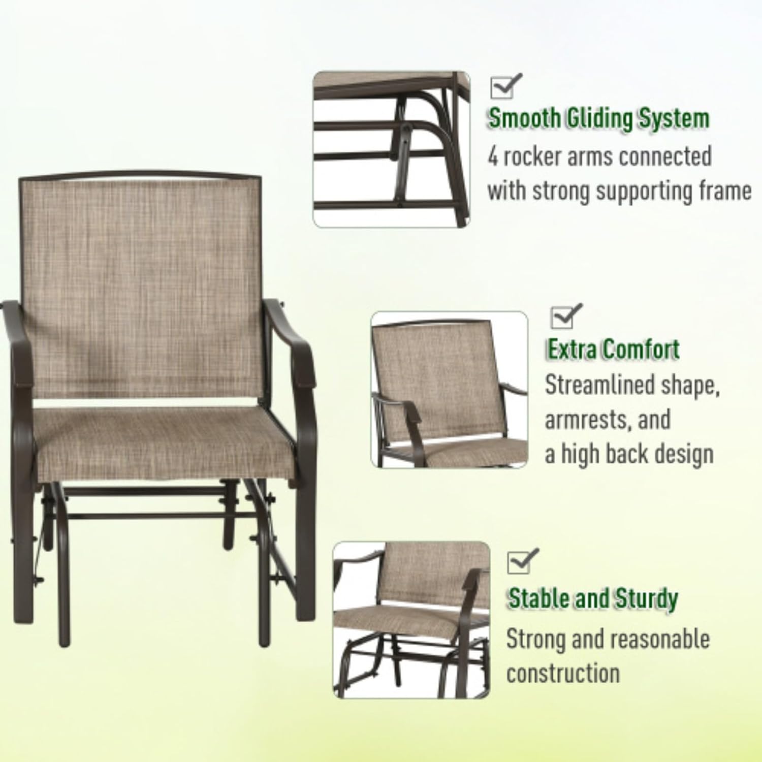 3-Piece Outdoor Bistro Set, Glider Chair with Coffee Table, 2 Patio Rocking Chairs with Breathable Sling Fabric, 1 Glass Table Top, Suitable for Backyard, Garden and Porch, Mixed Brown