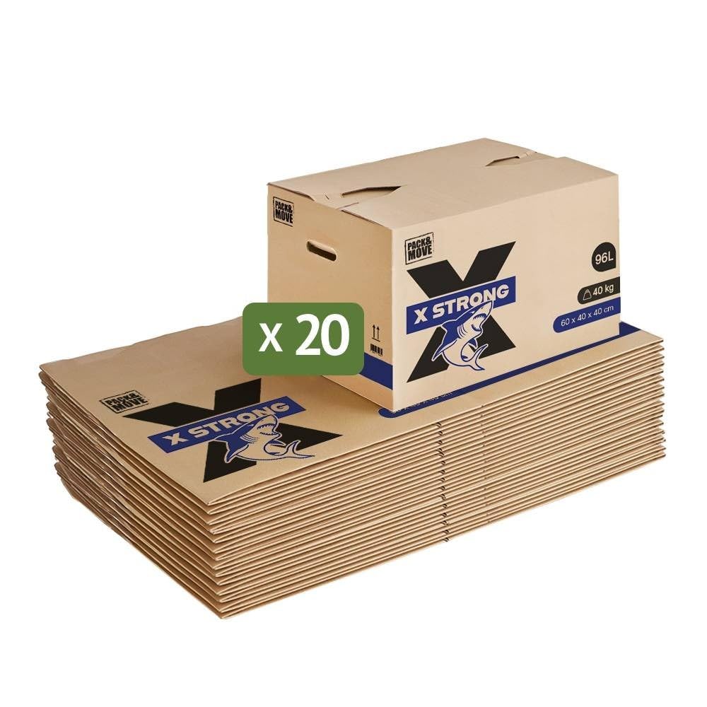 Pack and Move – Lote de 20 cajas de desplazamiento X Strong – 60 x 40 x 40 cm – Carga 40 kg – Extrema resistencia – Gran capacidad