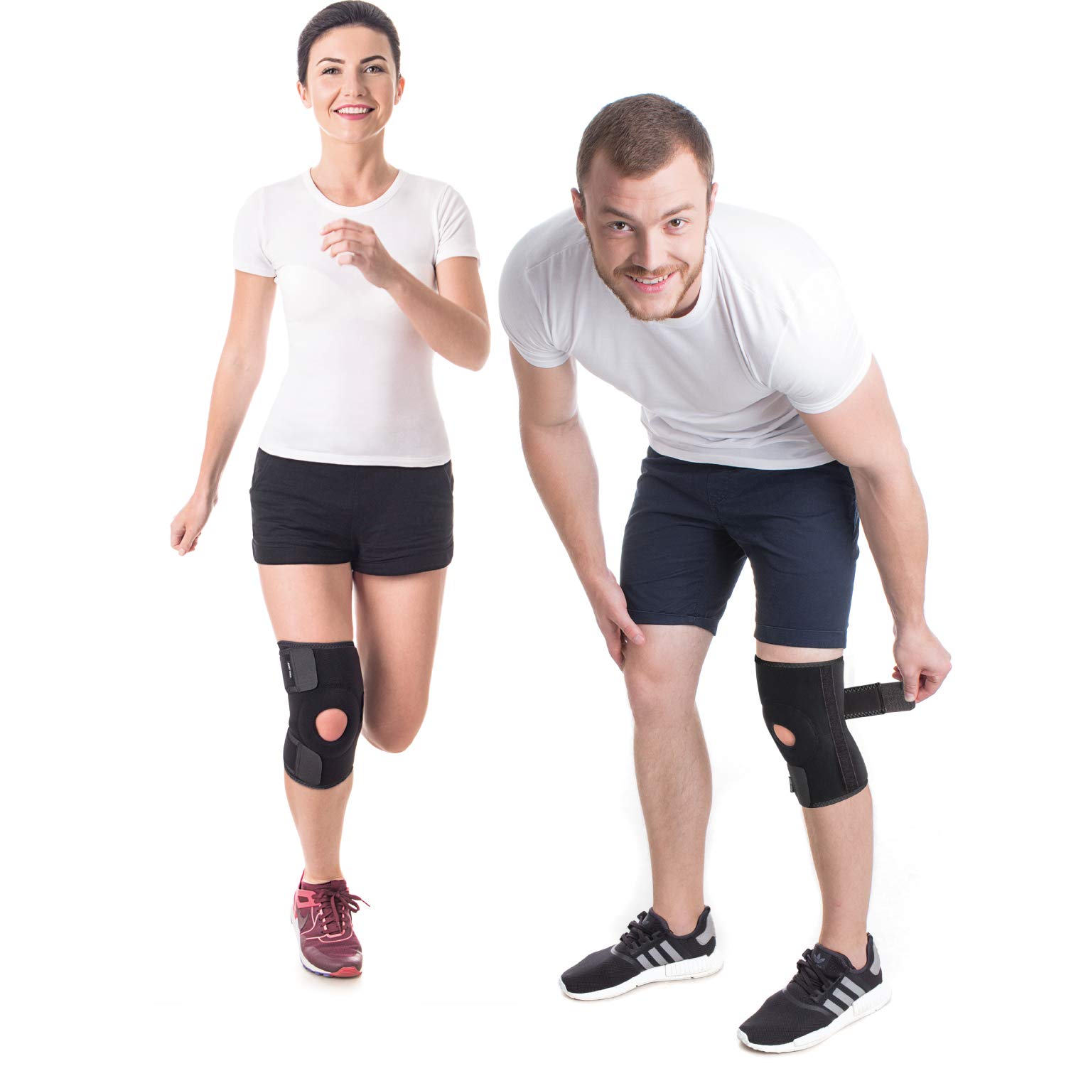 TOROS GROUP MANUFACTURE Neoprene Knee Brace Adjustable Flexible Side Spring Stabilizers 360° Protection Non-Slip Stretchable Easy Fixation Open Pattella Injury Support Recovery Men Women Black Large