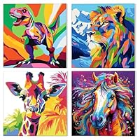 NAIMOER Framed 4Pack Paint by Numbers for Kids Animals, Painting by Numbers for Kids Ages 8-12, DIY Acrylic Oil Painting Children for Gifts Home Decor 20x20cm (Dinosaur, Horse, Giraffe, Tiger)