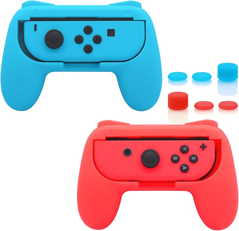 FASTSNAIL Switch Controller Grips for Nintendo Switch/OLED for JoyCons | Wear-Resistant Switch Controllers Holder Handle Kit, Ergonomic Design, 6 Non-Slip Thumb Grip Caps for Joycon 1, Blue & Red