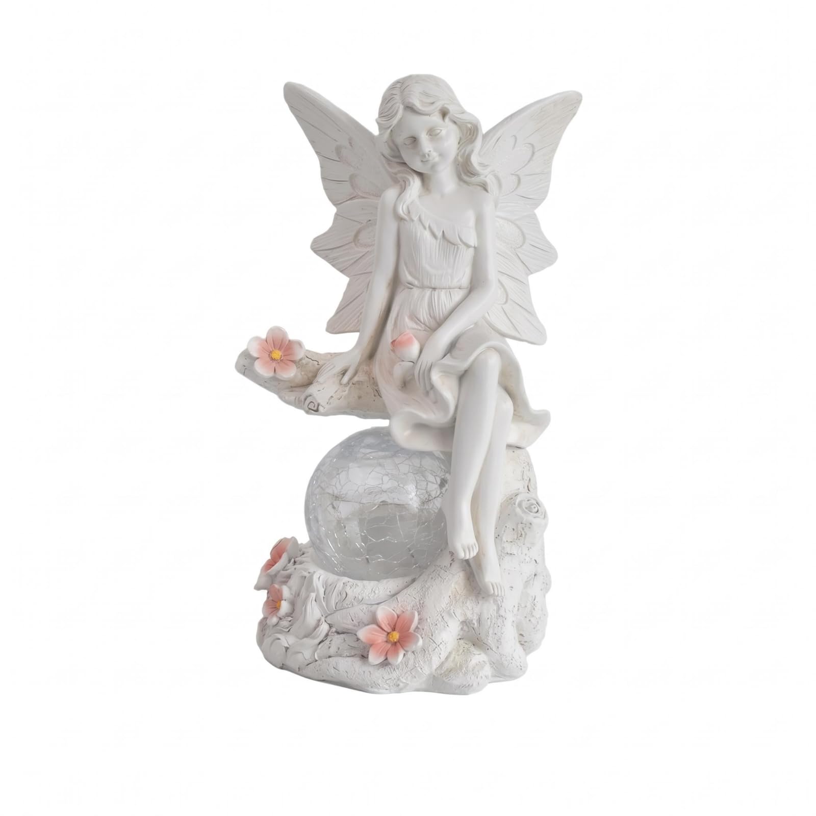 Cracked-Glass-Look Fairy Garden Lamp Resin Solar Fairy Lamp Winged Solar Garden Figurine Textured, Antique White, Sitting-image-5