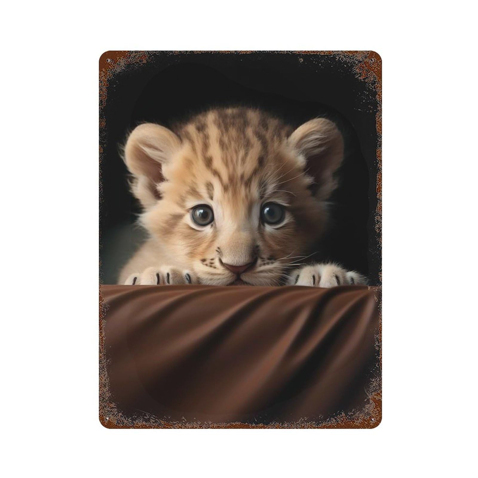 Rust Effect Adorable Lion Cub Portrait Rustic Tin Plaque 15.7"x11.8", Classic Wall Plaque for Shed, Workshop And Garage Wall Decor