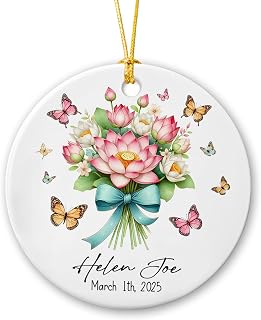 Personalized Lotus Bouquet Christmas Ornament 2025, Customized Name Bridal Flower Ceramic Keepsake, Elegant Lotus Blossom Ornament Gift for Bride and Bridesmaids, Floral Love Wedding Ornaments
