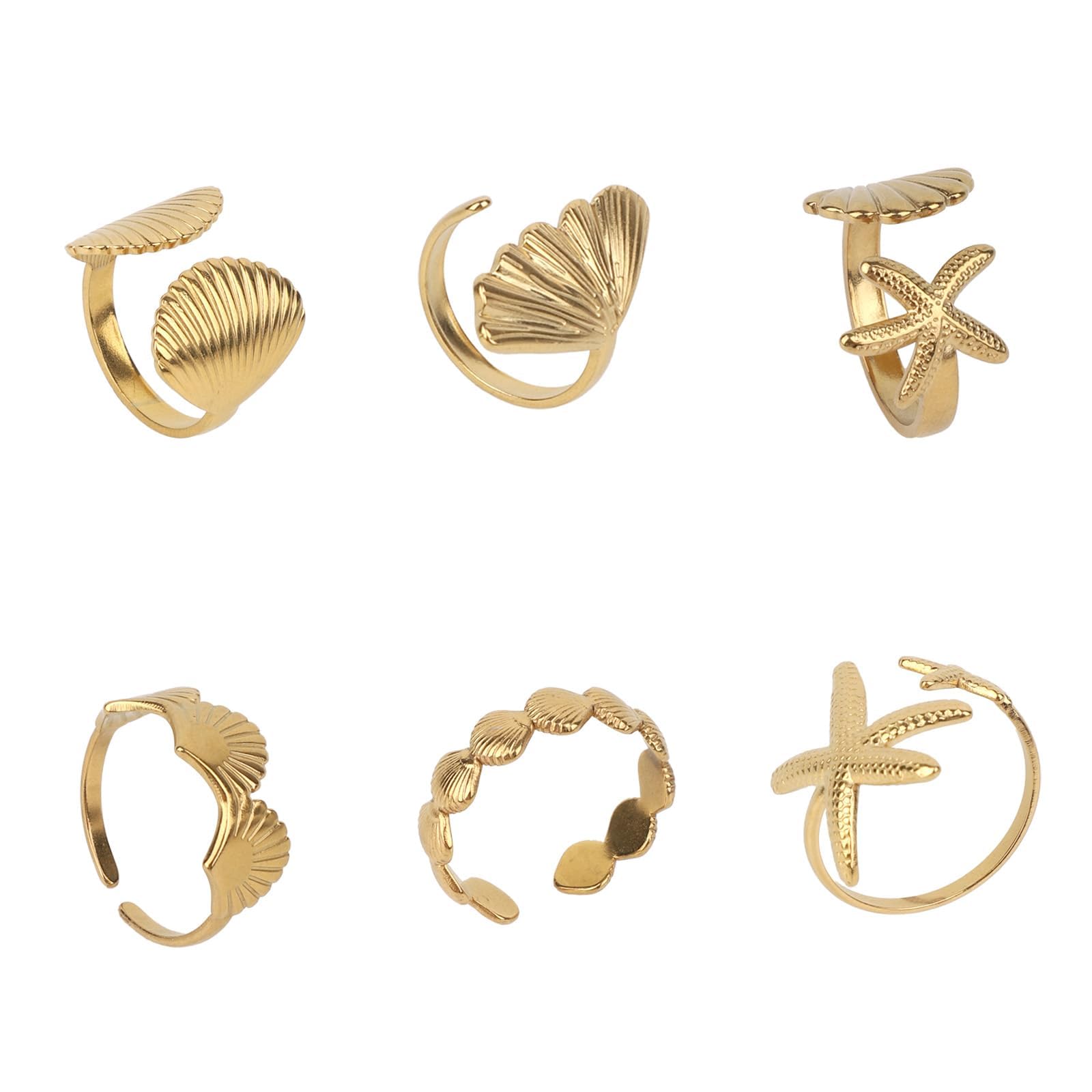 6 Pcs Beach Jewellery For Women, Gold Shell Rings Set With Starfish Designs, Adjustable Beach Wear For Women,Collection For Summer Fashion And Vacation Accessories