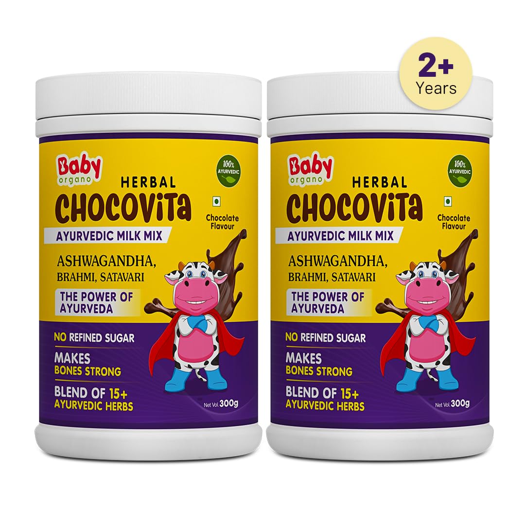 Baby Organo Herbal Chocovita Health & Nutrition Kids Drink Powder- 100% Ayurvedic Herbs - Chocolate Flavor - No Refined Sugar - Preservative Free - Supports Strong Bones, Weight & Height Gain 300g Pack 2
