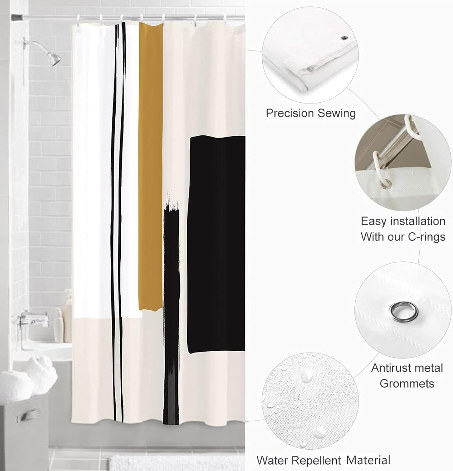 Black Beige Abstract Geometric Stripes Bathroom Shower Curtain 48x84in（122x214cm） Retro Neutral Minimalist Fashion Mid Century Modern Bathtubs Decor, Waterproof Fabric Polyester with Hooks
