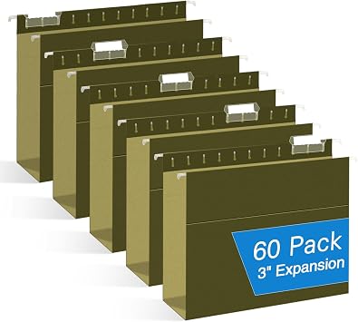 مجلدات الملفات المعلقة ذات السعة الإضافية ، RAZCC 60 Pack Letter Size مجلدات تعليق مقواة مع توسعة ثقيلة 3 بوصة للملفات الضخمة ، خزانة الملفات ، علامات التبويب القابلة للتعديل ، أخضر