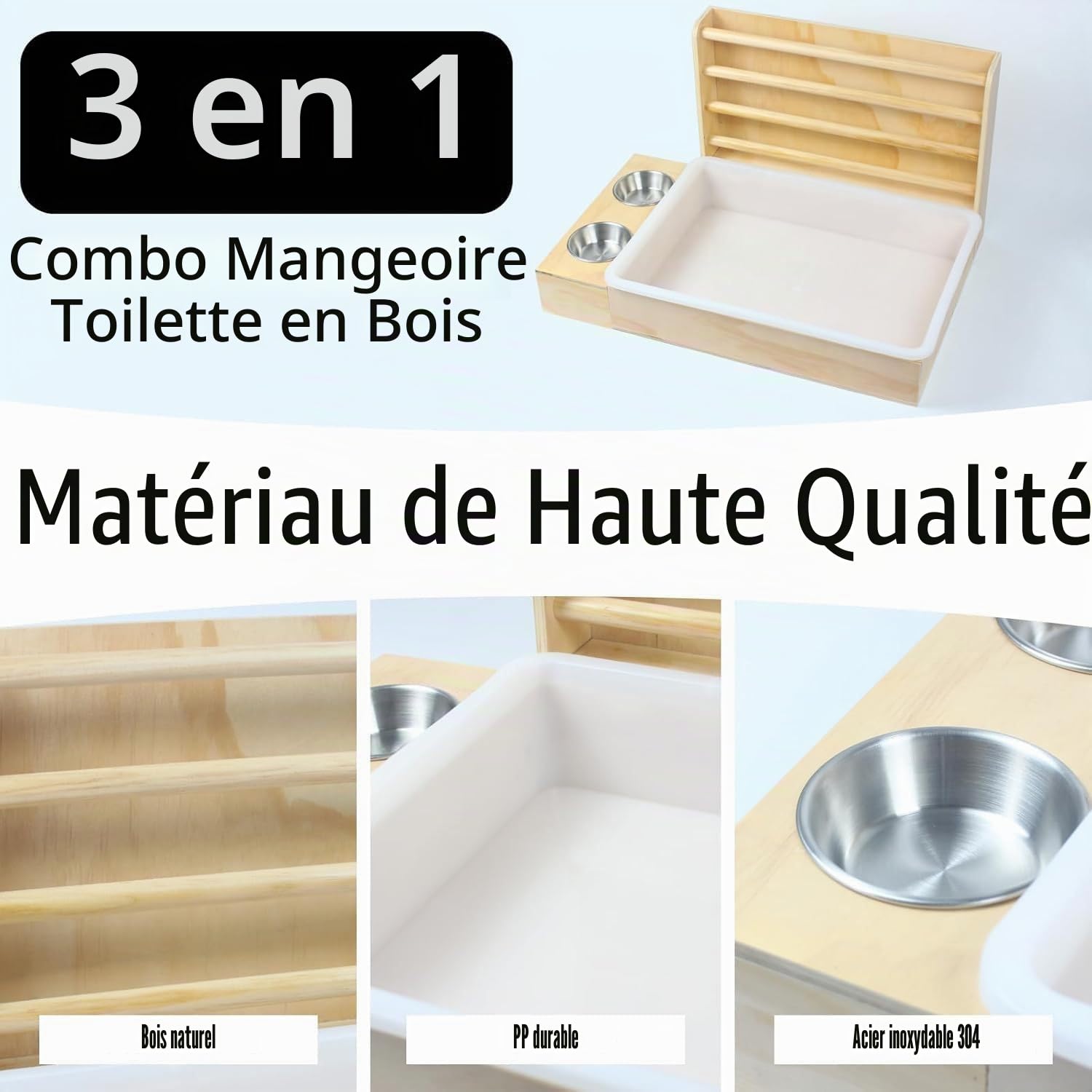 Mangeoire à foin 3 en 1 avec bac à litière, mangeoire à foin en bois avec bols pour cochon d'Inde, chinchilla lapin et autres petits animaux