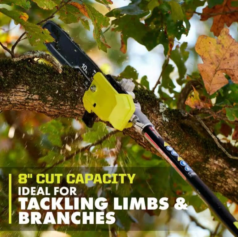 CUSHYBITE 40V HP Brushless Cordless Pole Saw attachment cutting a tree branch