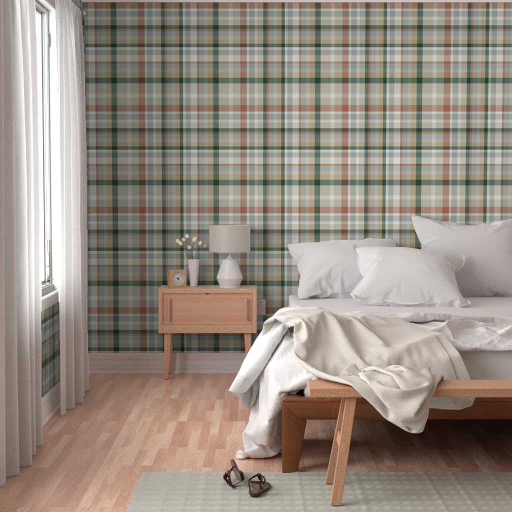 Peel & Stick Wallpaper 3ft x 2ft - Autumn Plaid Neutral Classic Check Tartan Fall Scottish Scotland Custom Removable Wallpaper by Spoonflower