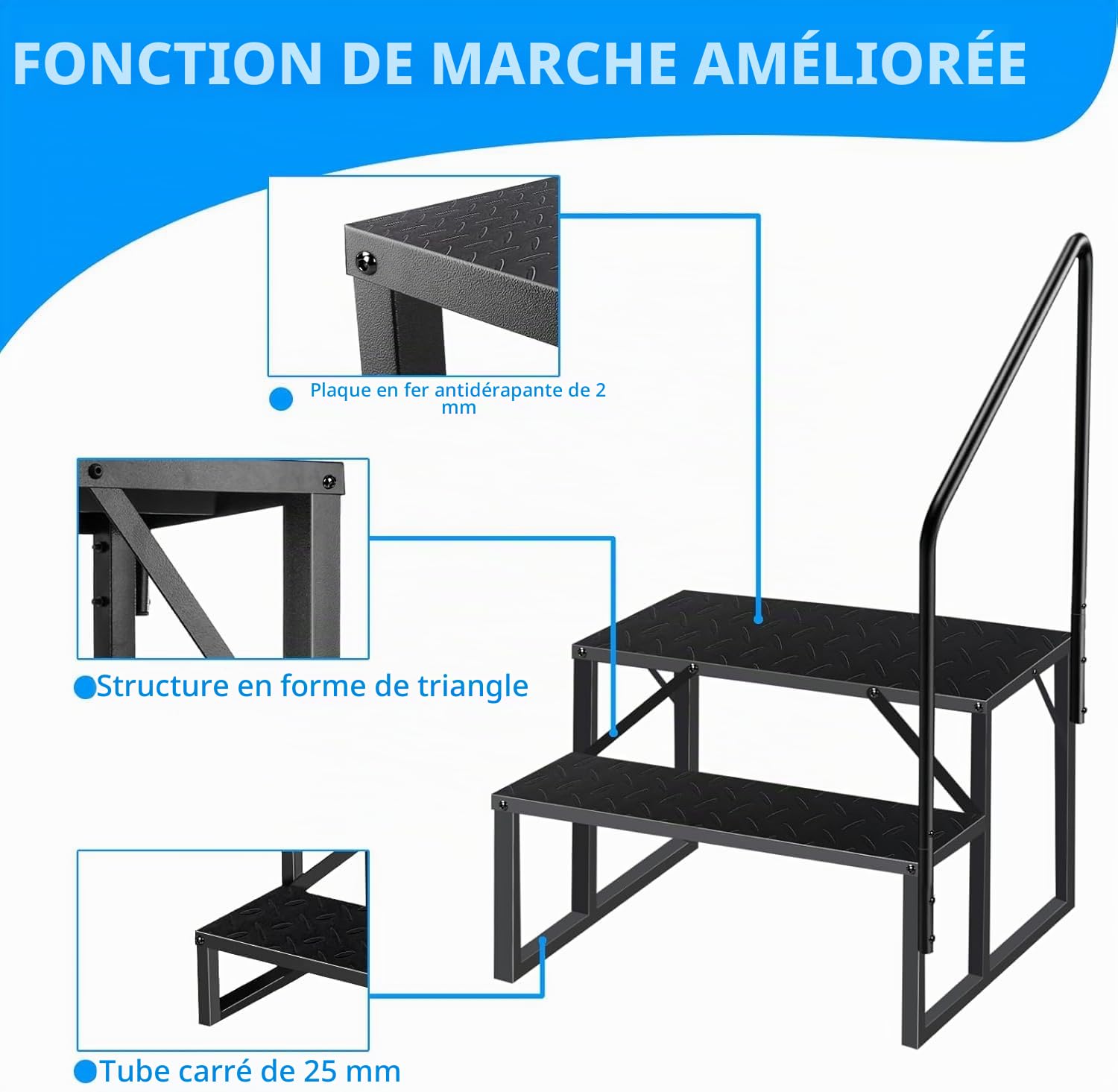 Escabeau 2 Marches avec 2 Main Courante, Marchepied Antidérapant en Acier pour Caravane Escabot de Piscine, Escabeaux Portable pour Camping-Cars à Cinq Roues, Escabeau de Ménage Outdoor RV Marchepied
