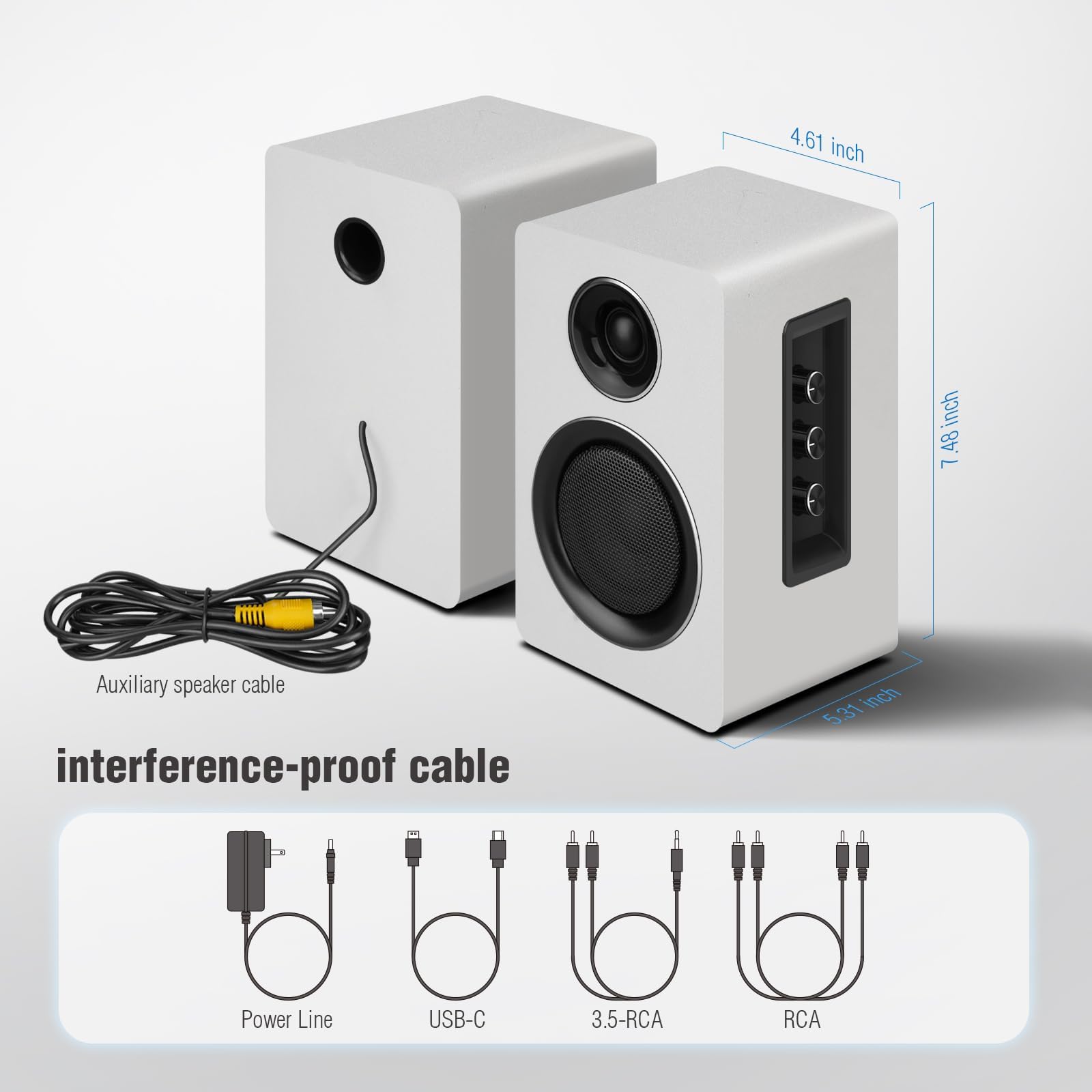 Altoparlanti per computer da scrivania, altoparlante attivo da scaffale con woofer in fibra di carbonio da 3 pollici e tweeter in pellicola di seta, supporta Bluetooth 5.3, USB-C, ingresso AUX/RCA per
