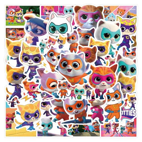 Image of 50pcs Cartoon Supper Kitties Stickers for Kids,Vinyl Waterproof Supper Kitties Decal for Water Bottle Laptop Toy Sticker for DIY Decorate Bumper Phone Hard Hat Kids Teens Gifts