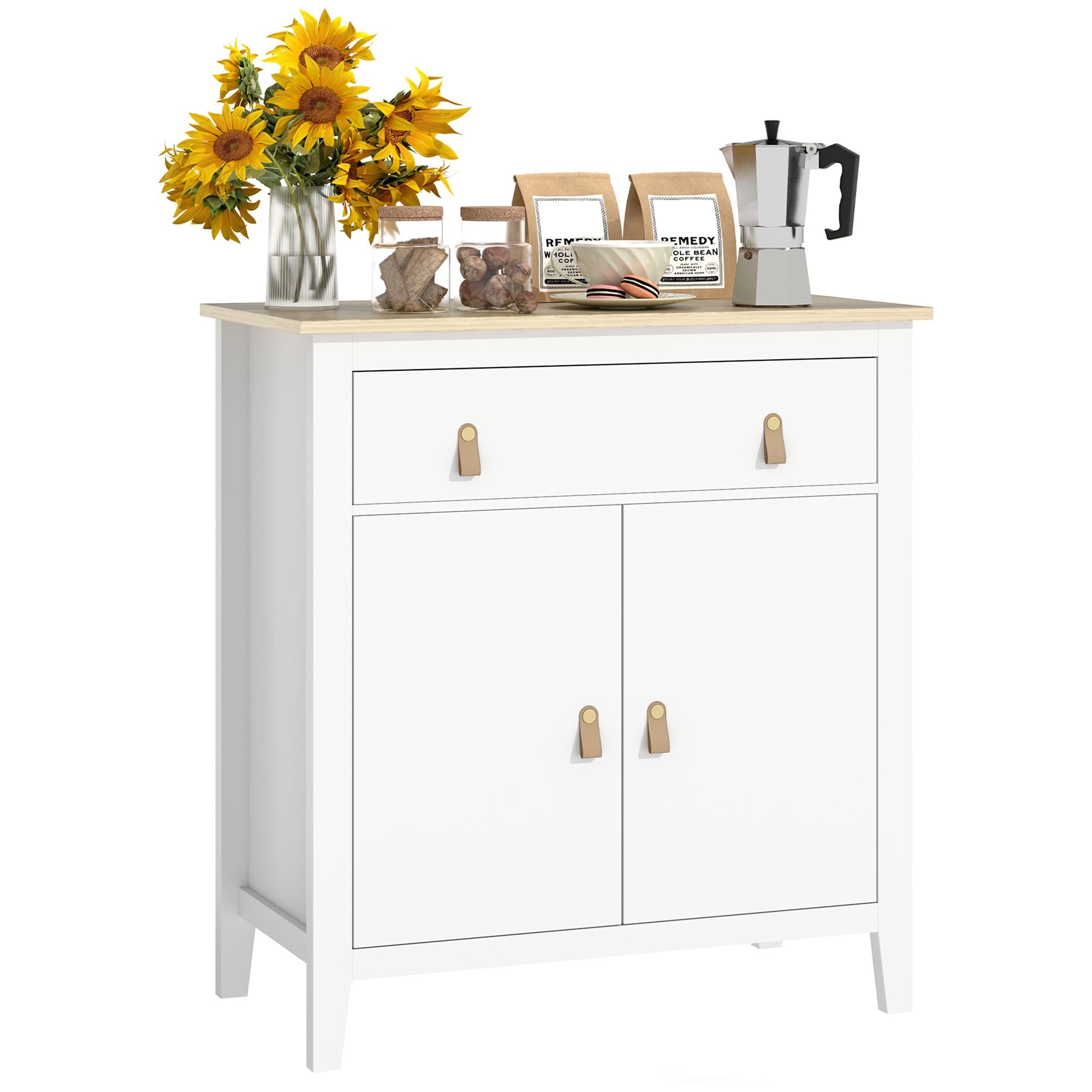 HOMCOM Aparador de 2 Puertas Aparador de Salón Moderno con Cajón Estante Ajustable y Tiradores de PU Mueble Auxiliar para Comedor Pasillo 80x40x90 cm Blanco y Roble