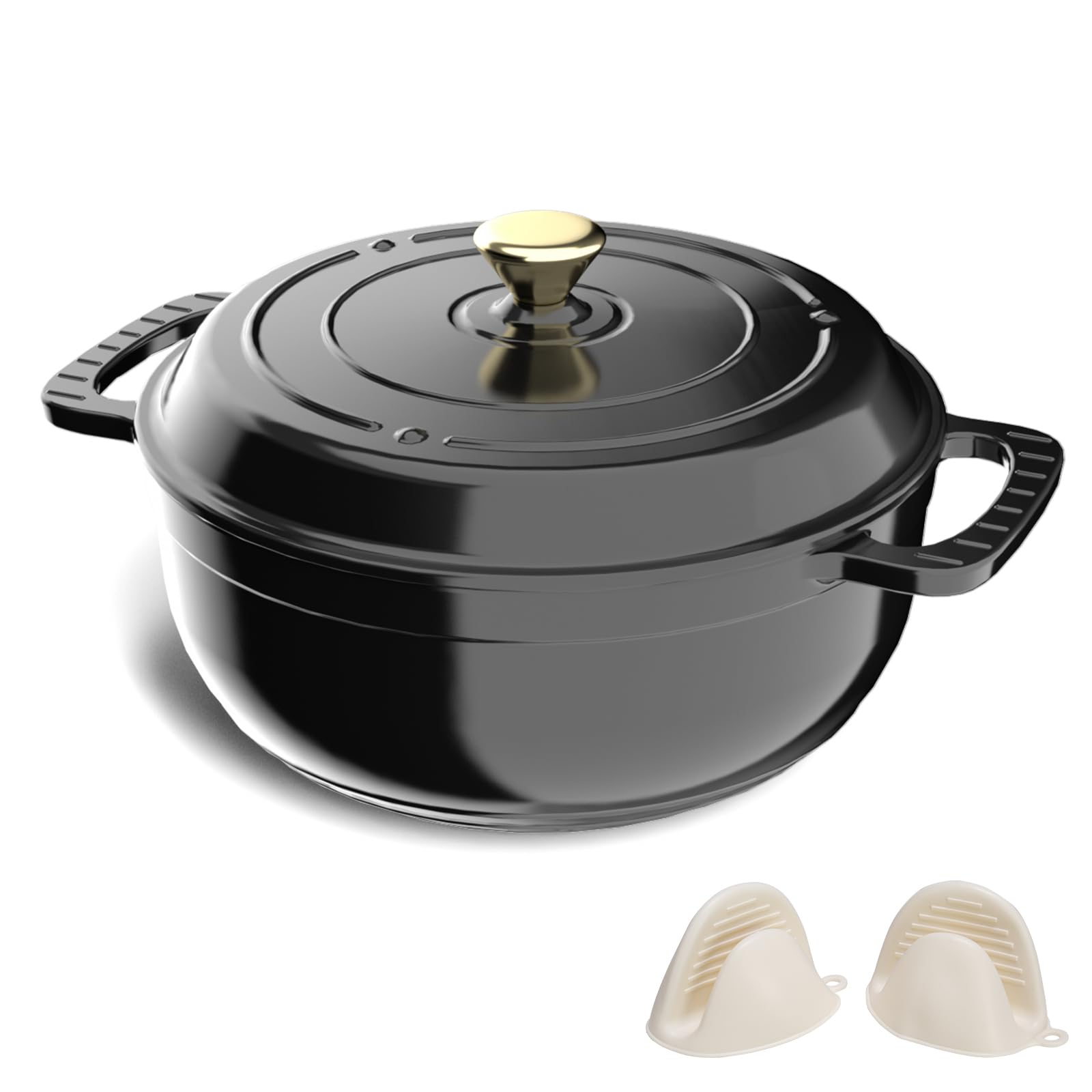 ROVSON Enamelled Cast Iron Dutch Oven, Casserole Dish with Lid and Silicone Gloves, Oven Safe Pot for Bread Baking, Braising and Stews (Glossy Black, 6QT)