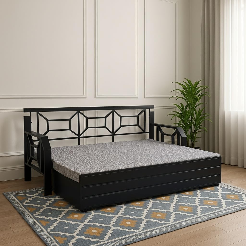 Royal Interiors 3 Seater Metal Sofa Cum Bed with Hydraulic Storage | King Size Convertible Sofa Bed | Sofa Set for Living Room, Guest Room, Bedroom RI_King_Multi Grey_D6