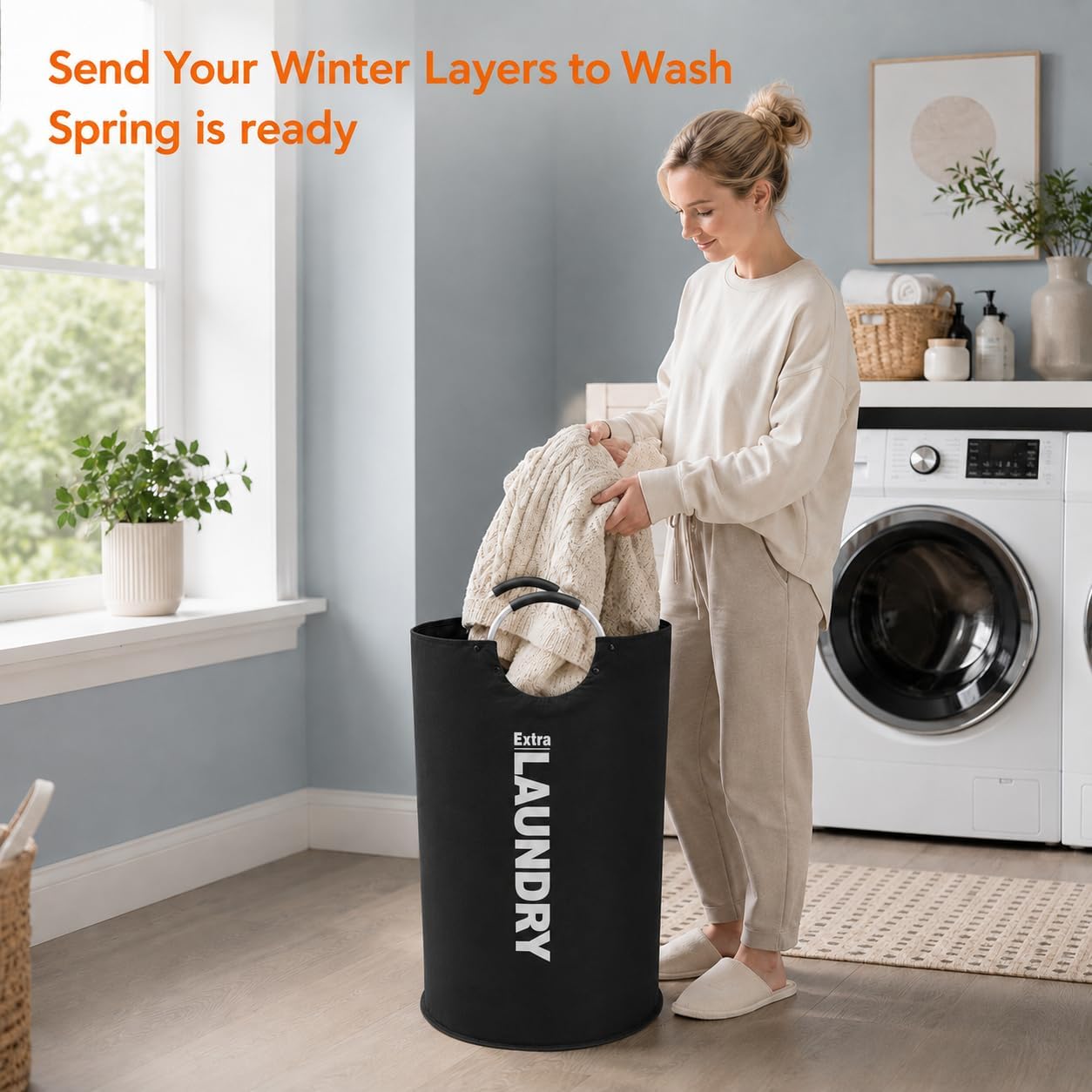 EZ-U 90L Large Laundry Basket with 8 Steel Rivet Reinforced Handles Laundry Hamper Dirty Clothes Hamper Freestanding Collapsible Laundry Hamper 600D Oxford Fabric Waterproof Laundry Basket(1Packs)