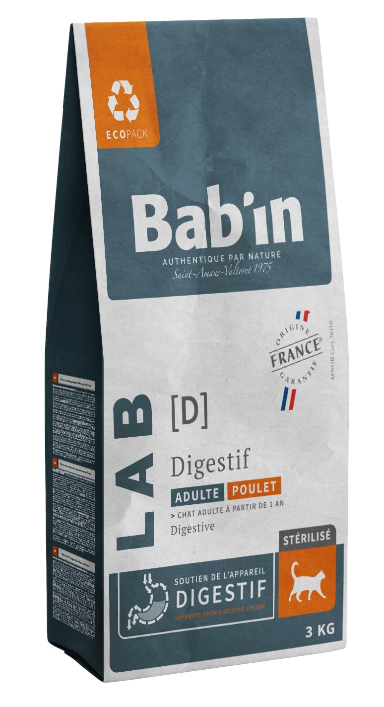 Bab'in Lab Chat Adulte Digestion 3KG - Croquettes pour Chats Adultes - Naturelles, Saines et Équilibrées - Adaptées aux Besoins Nutritionnels - Riche en Poulet