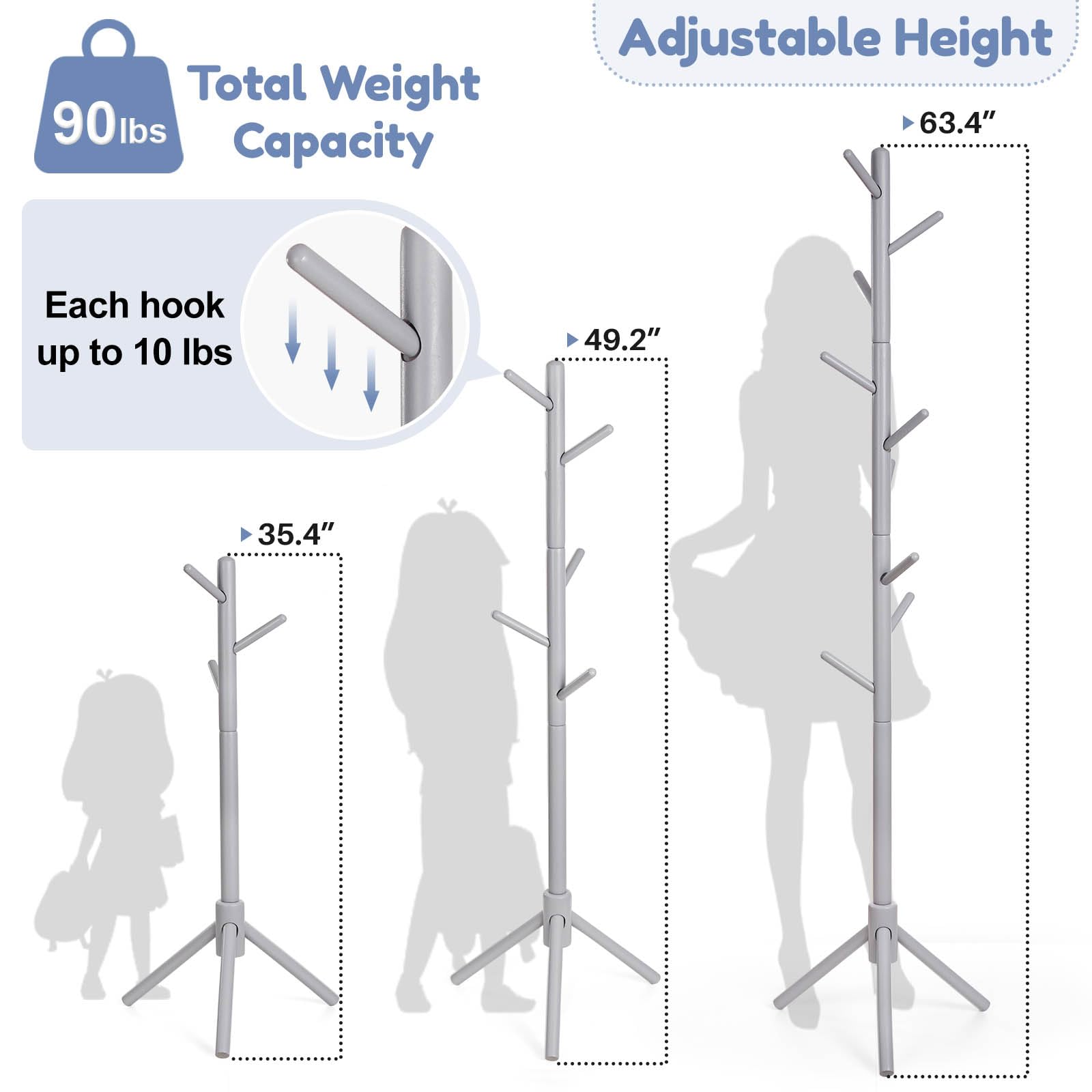 Kid's Coat Rack Stand Beech Wood Clothes Tree, Height Adjustable Freestanding Child Jacket Holder with 9 Hooks, Hanging Hats and Handbags, Hallway, Entryway,Bedroom, Easy Assembly(White)