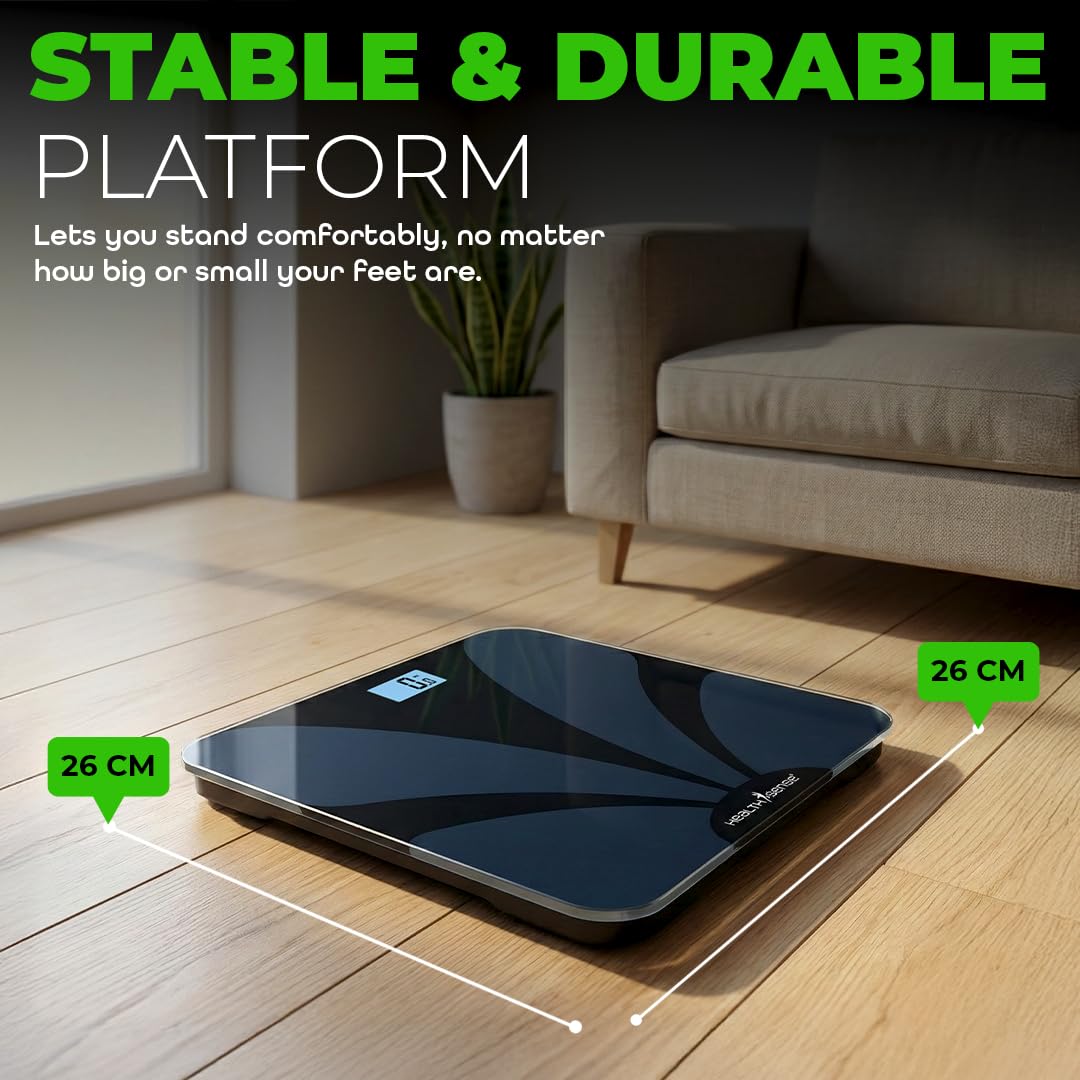 HealthSense Weight Machine for Body Weight| Digital Weighing Scale for home with Step-On Technology,Tempered Glass, Room Temperatur LCD Display,180kg Capacity & 1-Year Warranty| Dura-Glass PS115 Neo 4